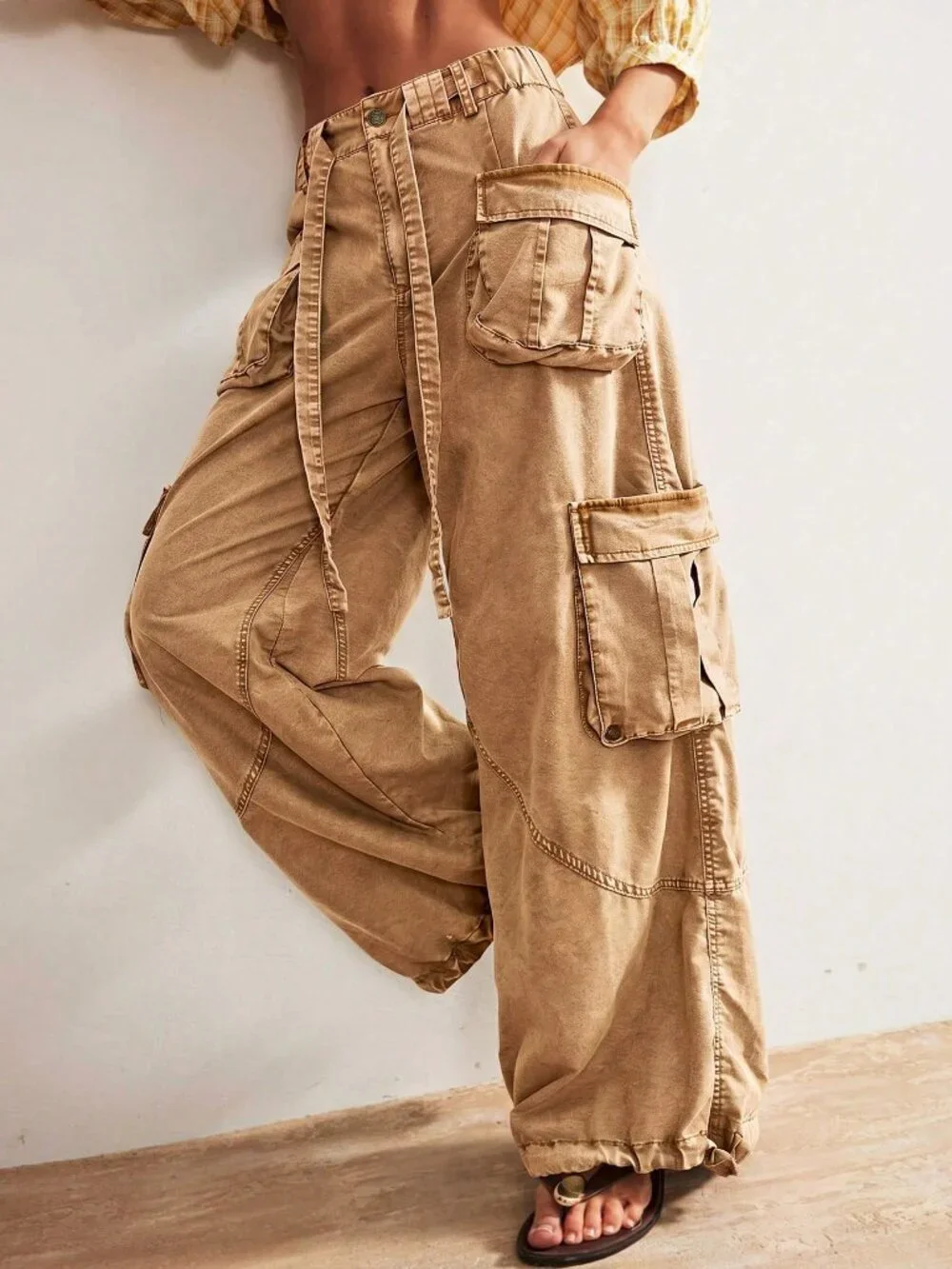 Brown Casual Women's Woven Loose Cuffed Low Waist Loose Long Pants - Picture 5 of 10